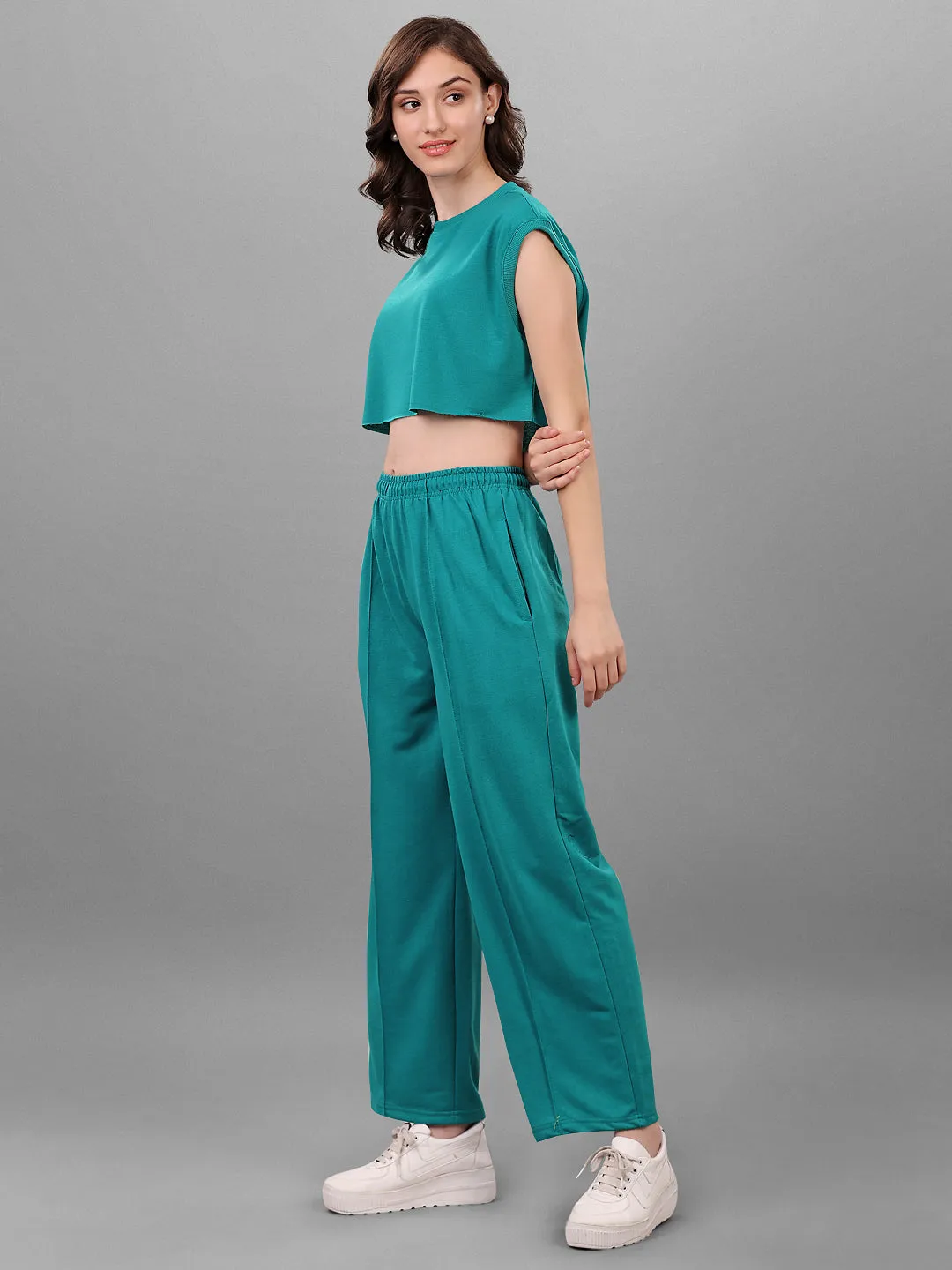 SXV Tealgreen Trouser with Crop Top Coords Set