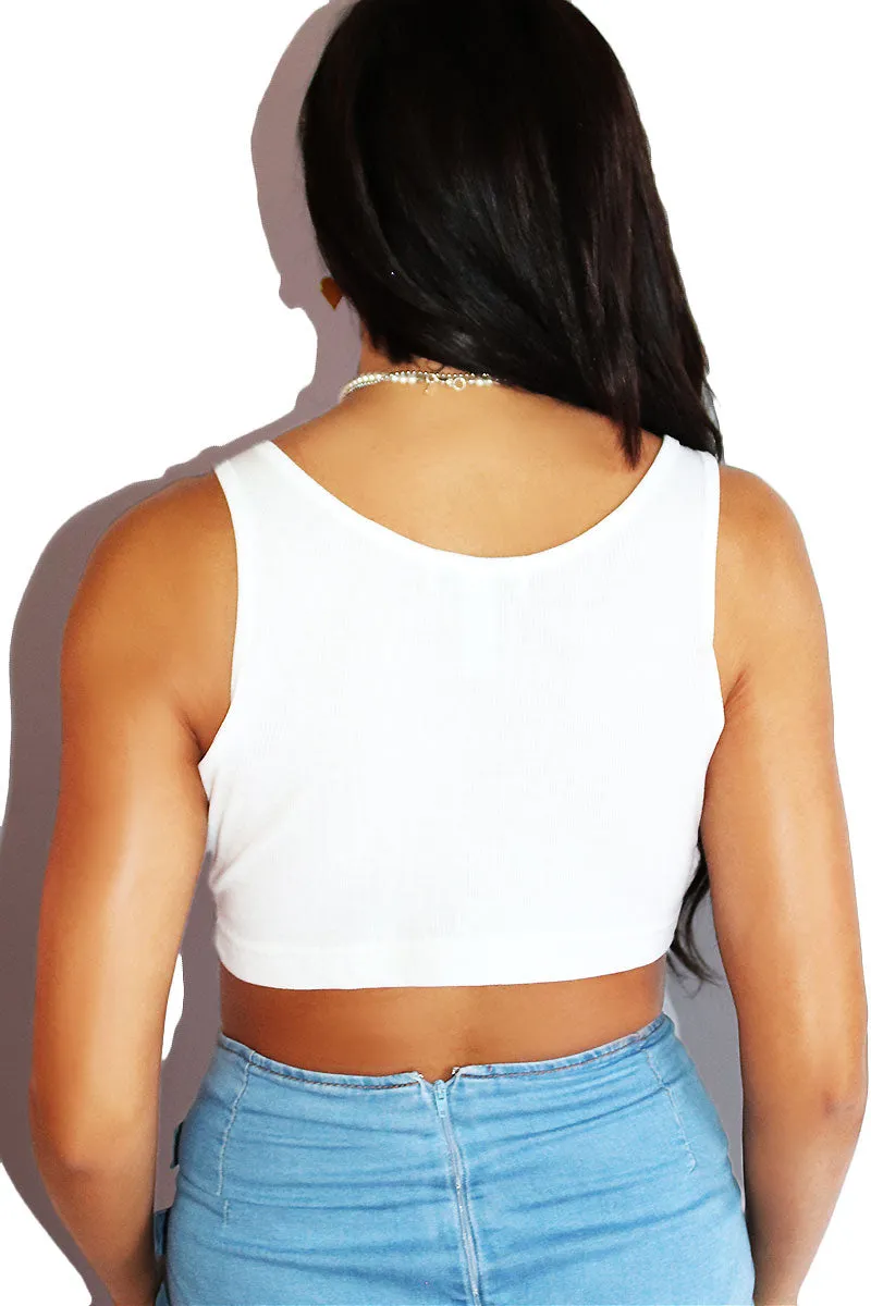 Trans Lace Up Extreme Rib Knit Crop Racerback Tank- White