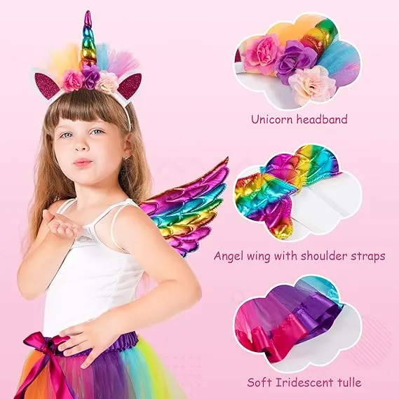 Tutu/Ballet Skirt - 3 pcs - skirt, wings & headband - Rainbow Unicorn M/L (5-8Y)