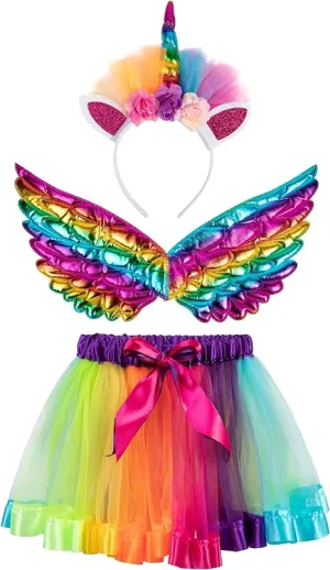 Tutu/Ballet Skirt - 3 pcs - skirt, wings & headband - Rainbow Unicorn M/L (5-8Y)