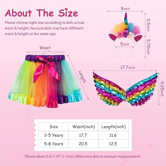 Tutu/Ballet Skirt - 3 pcs - skirt, wings & headband - Rainbow Unicorn M/L (5-8Y)