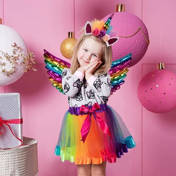 Tutu/Ballet Skirt - 3 pcs - skirt, wings & headband - Rainbow Unicorn M/L (5-8Y)