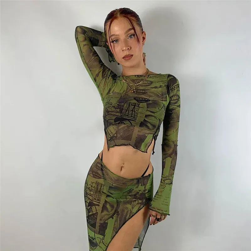 Vintage Grunge Mesh Sleeve Y2K Print Slim Crop Top Streetwear Crop Top